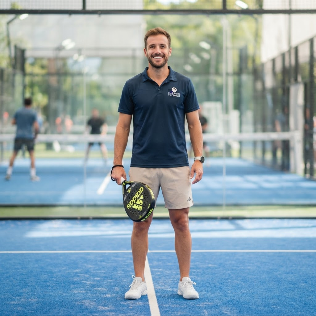 Ellis, padel coach, holding a racket on a padel court